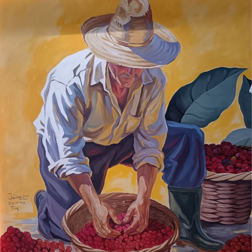 Un caficultor hondureño cosecha con esmero las cerezas maduras, símbolo del esfuerzo diario en los cafetales, en un mural en Coffee Lab de Espresso Americano de San Pedro Sula, Honduras.