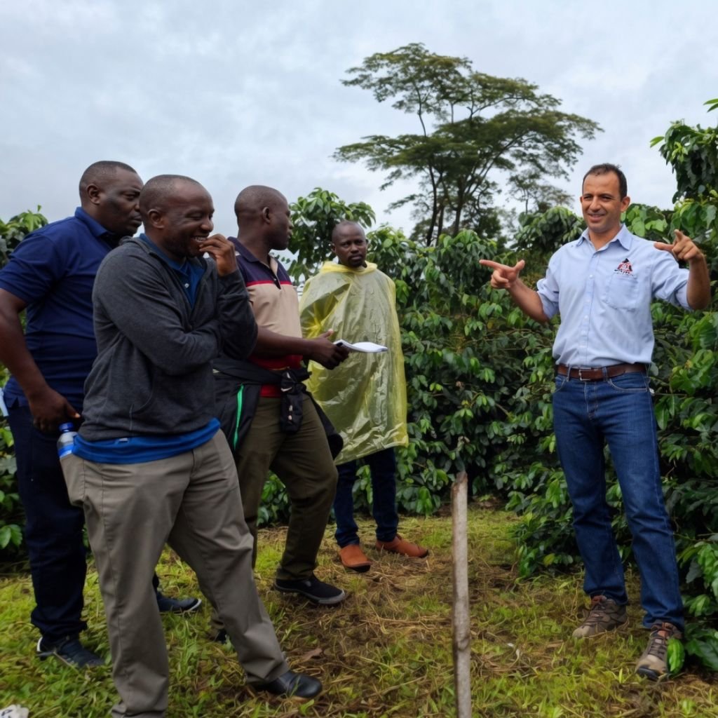 Científicos ugandeses del National Coffee Research Institute (NaCORI) durante una visita a fincas experimentales de Cenicafé en Manizales, Colombia.