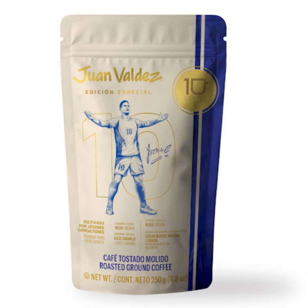 Juan Valdez Edición Especial con la imagen de James Rodríguez y su marca 10 Coffee.