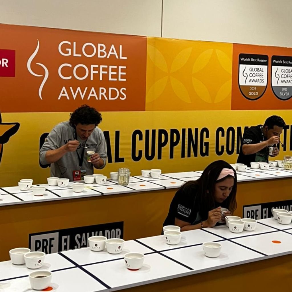 Catadores durante la competencia de cupping en el marco de los Global Coffee Awards, en el Producer & Roaster Forum (PRF) El Salvador, celebrado en marzo de 2026.
