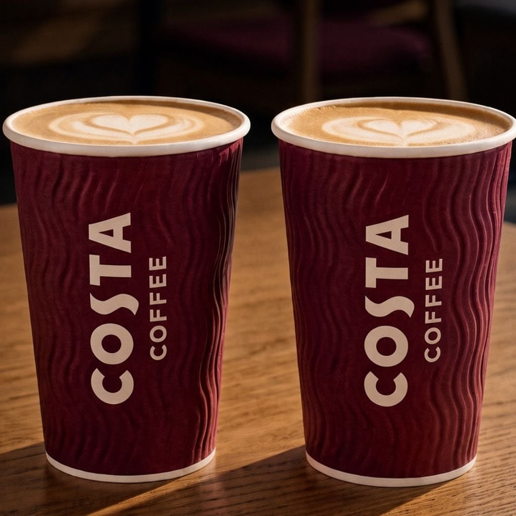 Dos vasos de Costa Coffee sobre una mesa en uno de una de sus cafeterías en Panamá.