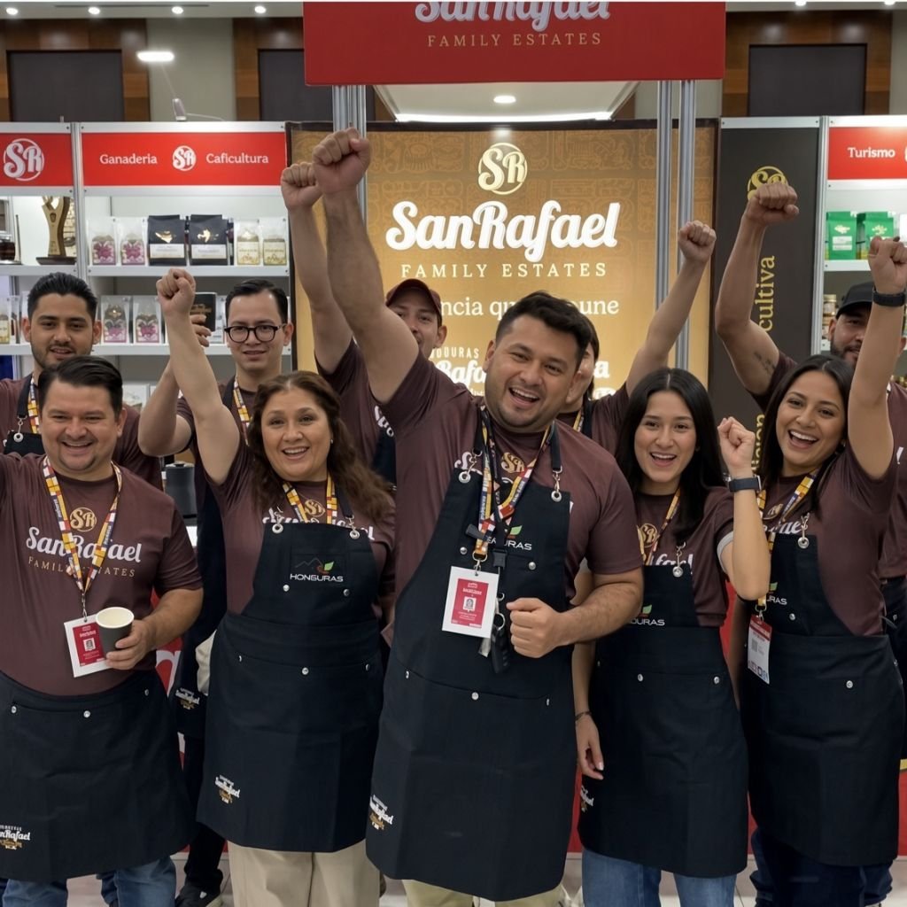 Carlos Guerra, gerente de Café San Rafael / San Rafael Family Estates (centro), y parte del equipo de trabajo de esta empresa del sector cafetalero de Honduras.