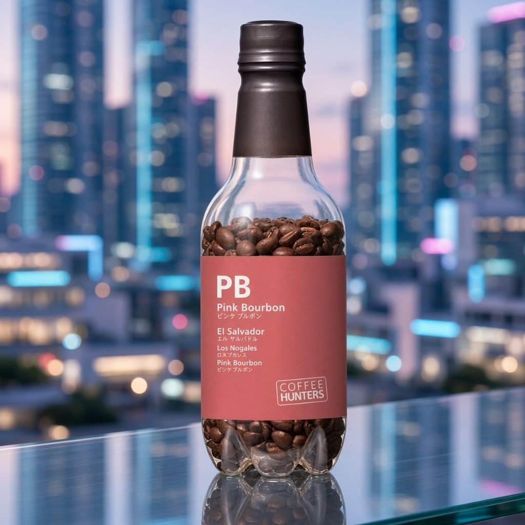 Pink Bourbon PB de El Salvador, finca Los Nogales. Botella Coffee Hunters de Mi Cafeto, Taiwán.